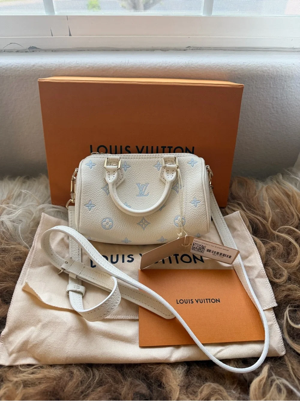 Louis Vuitton White Mini Speedy with Light Blue Monogram